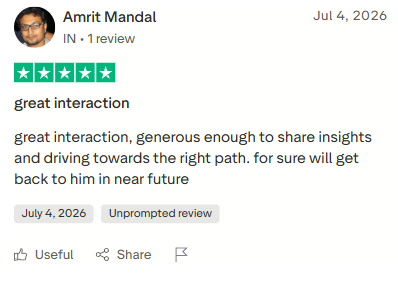 Five-star review from Amrit Mandal: great interaction, generous enough to share insights and driving towards the right path.