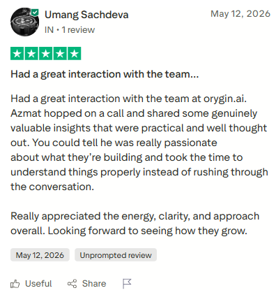 Five-star review from Umang Sachdeva: had a great interaction with the team at orygin.ai, genuinely valuable insights that were practical and well thought out.