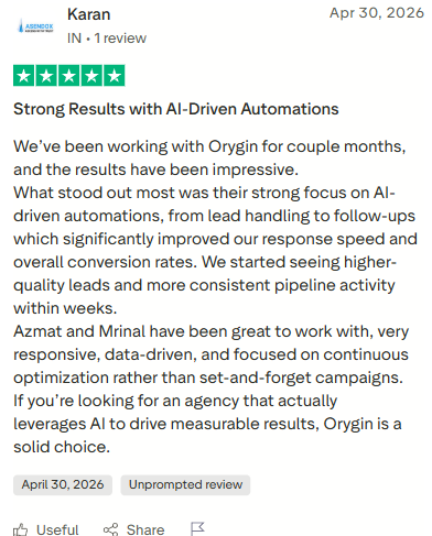 Five-star review from Karan: strong results with AI-driven automations, higher-quality leads and more consistent pipeline activity within weeks.