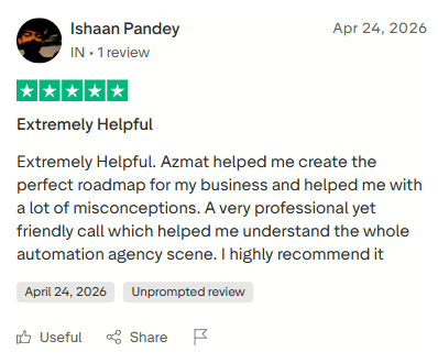 Five-star review from Ishaan Pandey: extremely helpful, helped create the perfect roadmap for my business.